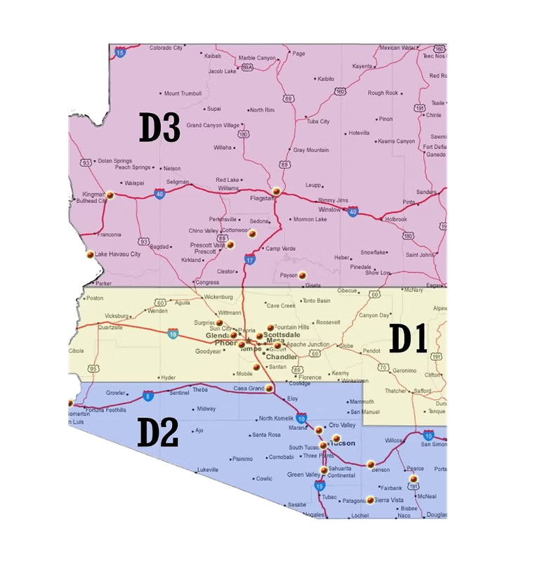 MCL Arizona Division Map — D1 Central, D2 Southern, D3 Northern